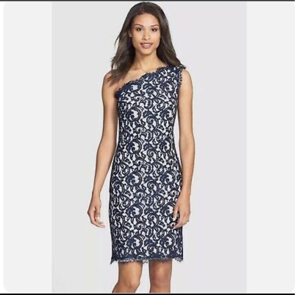 Tadashi Shoji One Shoulder Lace Sheath Dress Party Blue White, Size 6 - Picture 1 of 8